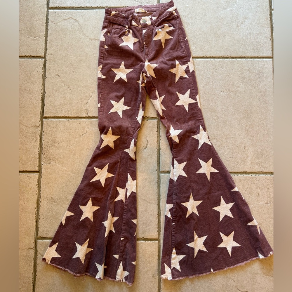 Altar'd State Starry Flare Jeans in Burgandy and Cream